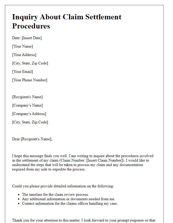 Letter template of inquiry about claim settlement procedures