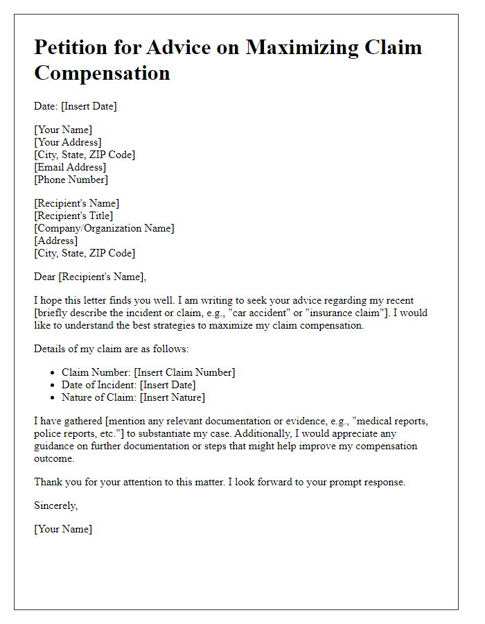 Letter template of petition for advice on maximizing claim compensation