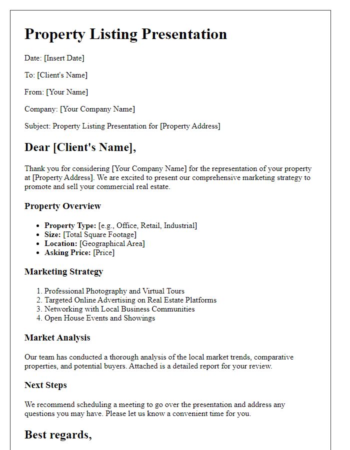 Letter template of property listing presentation for commercial real estate.