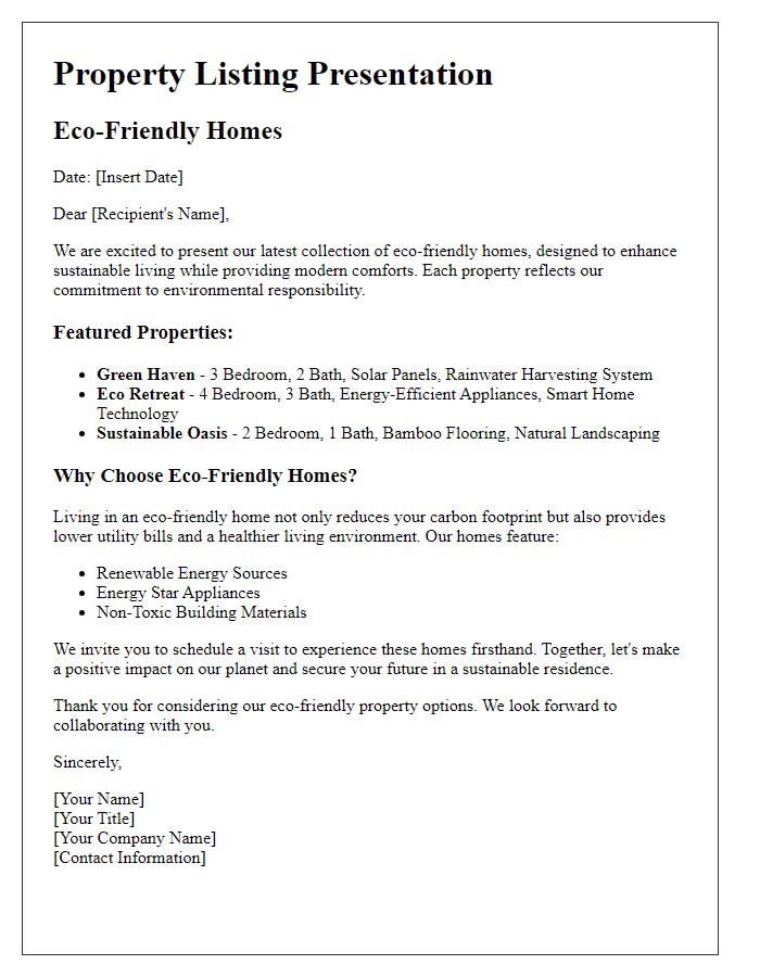 Letter template of property listing presentation for eco-friendly homes.