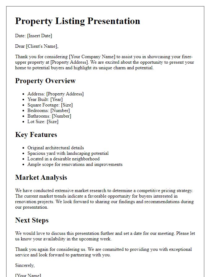 Letter template of property listing presentation for fixer-upper properties.