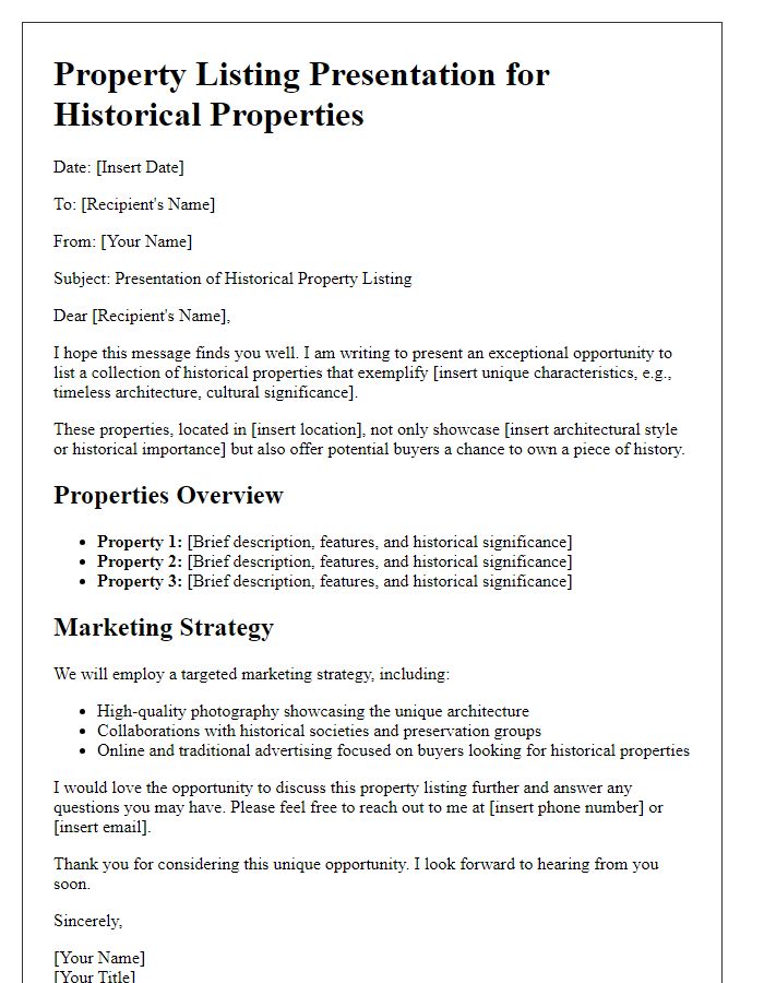 Letter template of property listing presentation for historical properties.