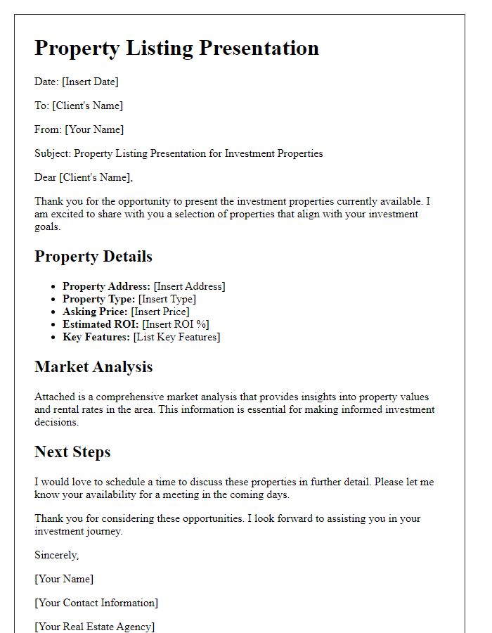 Letter template of property listing presentation for investment properties.