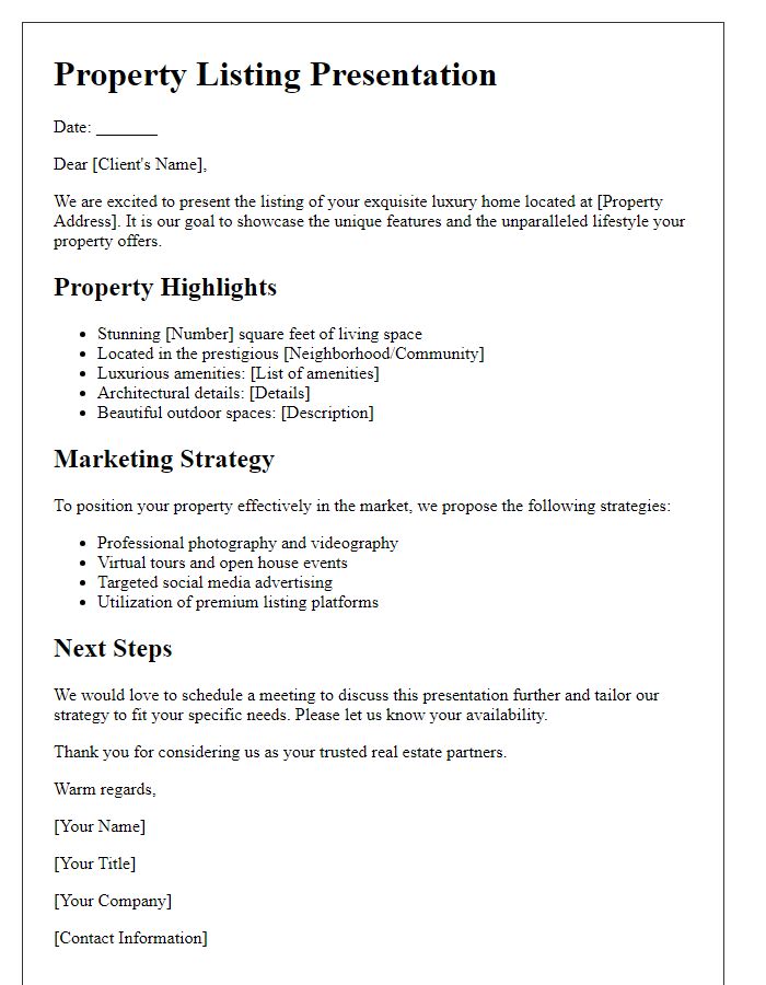 Letter template of property listing presentation for luxury homes.