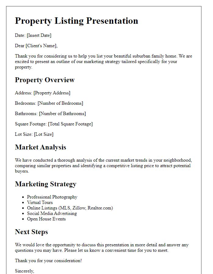 Letter template of property listing presentation for suburban family homes.