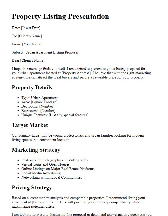 Letter template of property listing presentation for urban apartments.