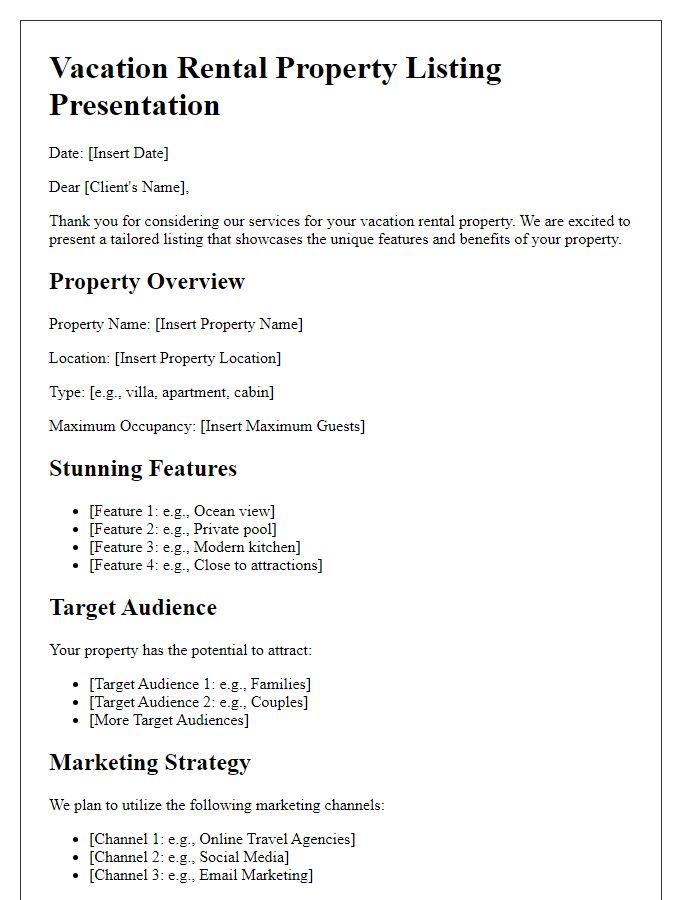 Letter template of property listing presentation for vacation rentals.