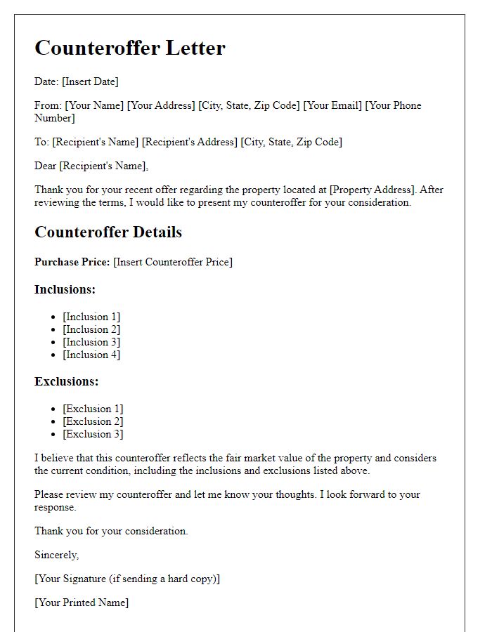 Letter template of property negotiation counteroffer emphasizing inclusions and exclusions.