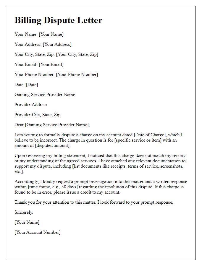 Letter template of gaming service billing dispute