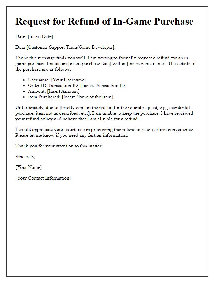 Letter template of in-game purchase refund request