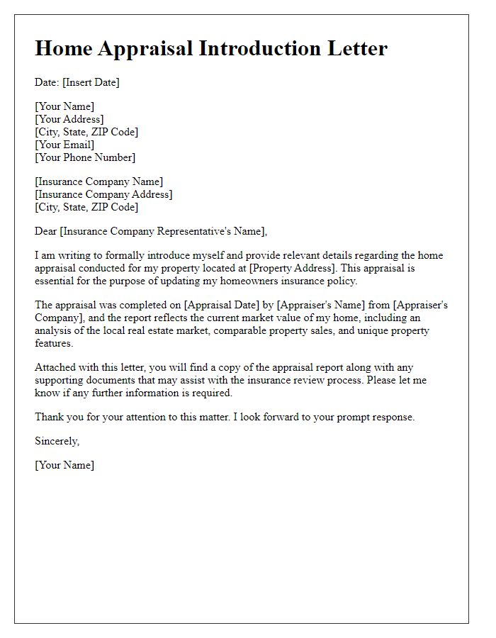 Letter template of home appraisal introduction for insurance purposes.