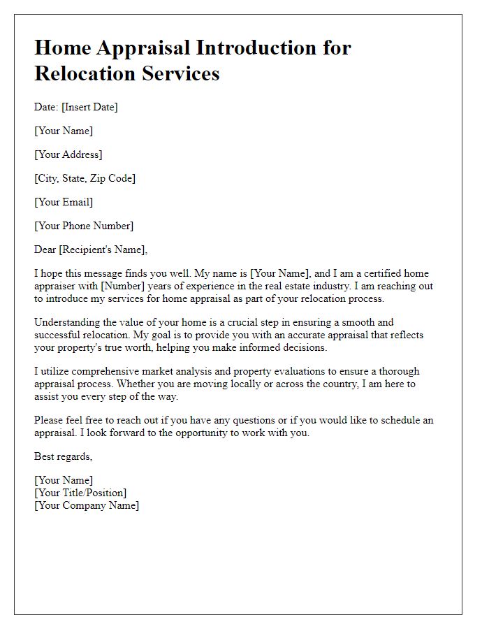 Letter template of home appraisal introduction for relocation services.