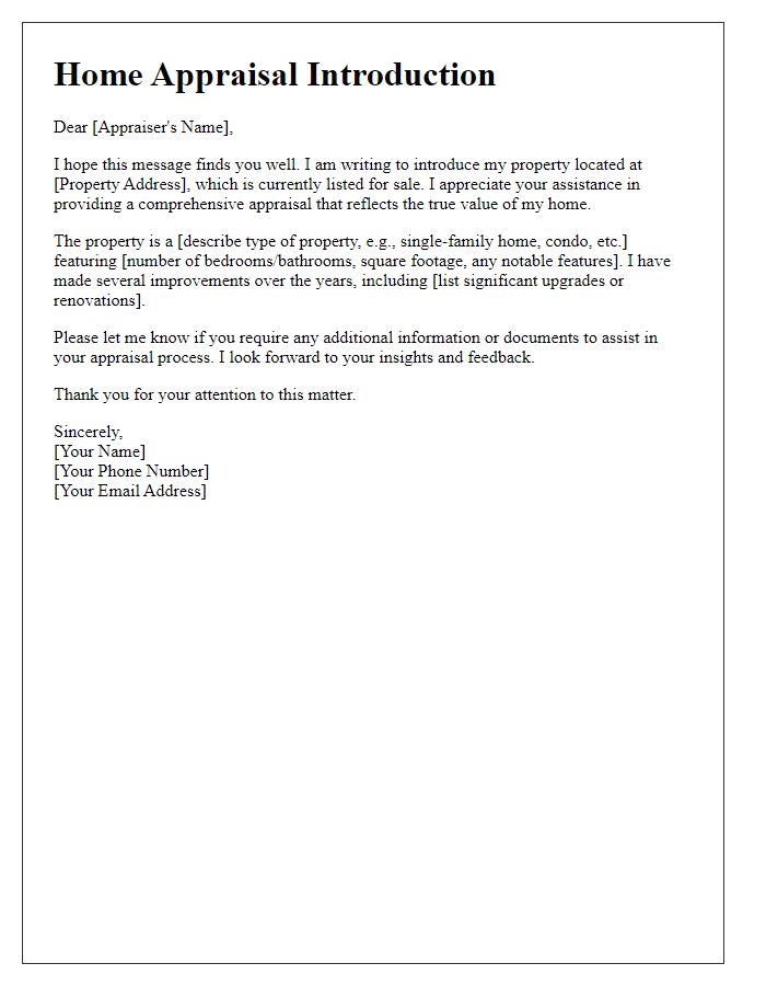 Letter template of home appraisal introduction for selling a property.