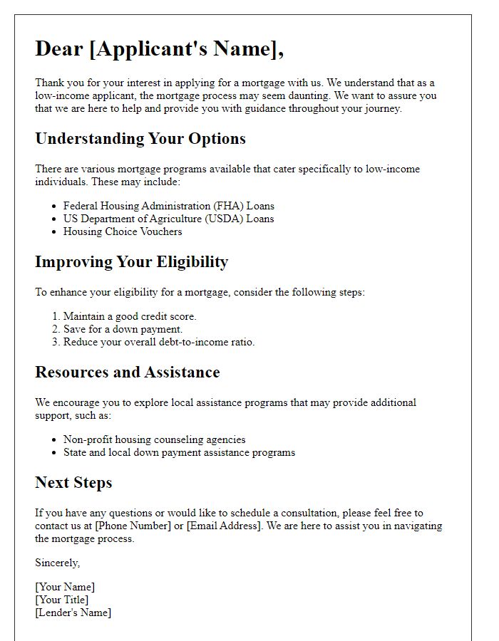 Letter template of mortgage lender advice for low-income applicants.