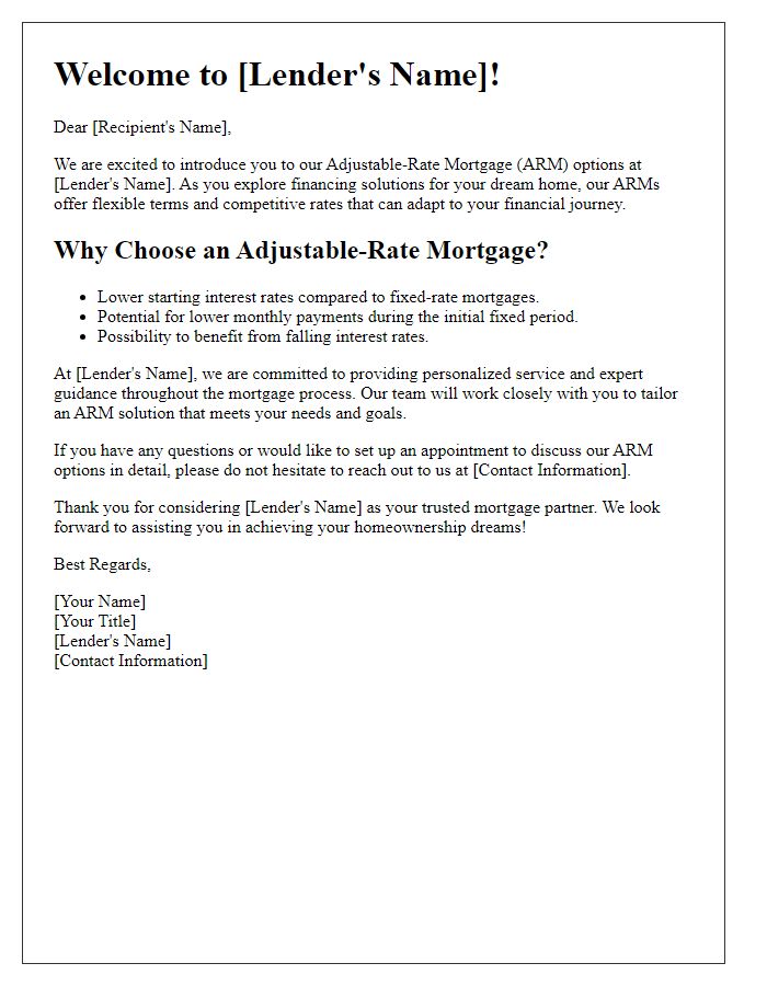 Letter template of mortgage lender introduction for adjustable-rate mortgages.