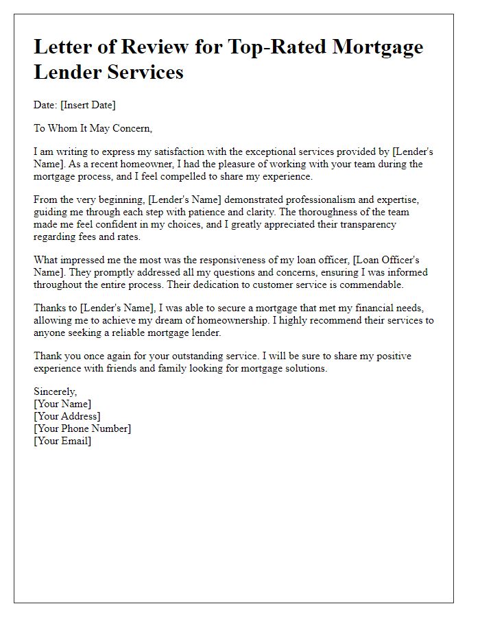 Letter template of mortgage lender review for top-rated services.