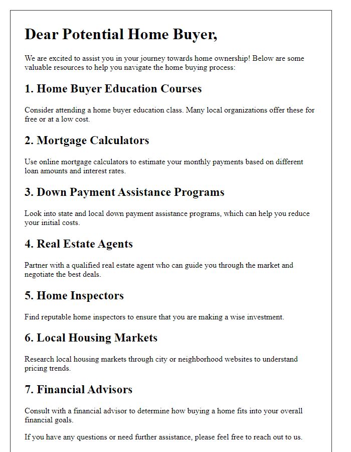 Letter template of resources for potential home buyers