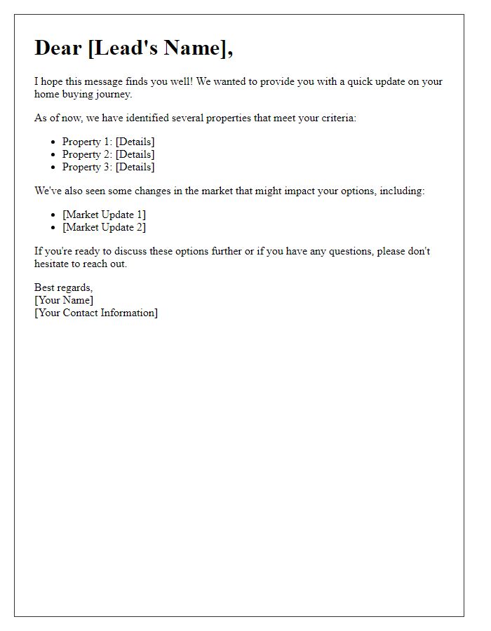 Letter template of update for leads on home buying