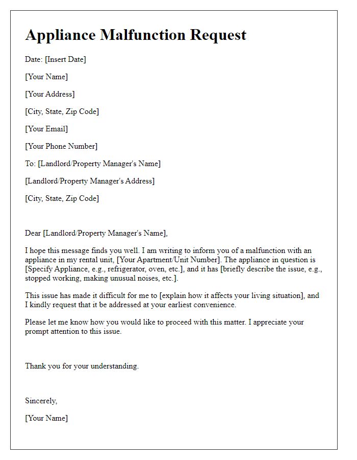 Letter template of appliance malfunction request for rental unit