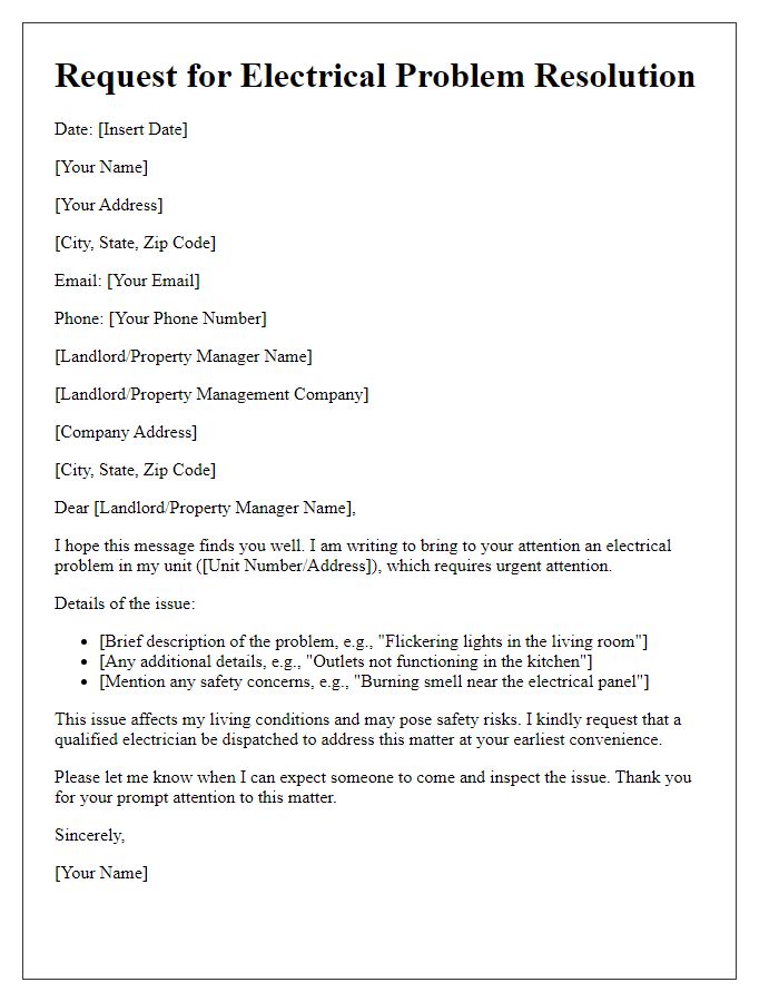 Letter template of electrical problem request for tenancy