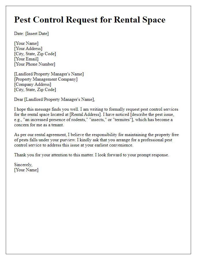 Letter template of pest control request for rental space