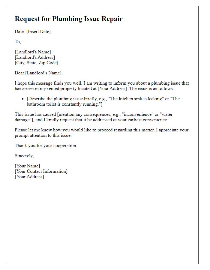 Letter template of plumbing issue request for rented property