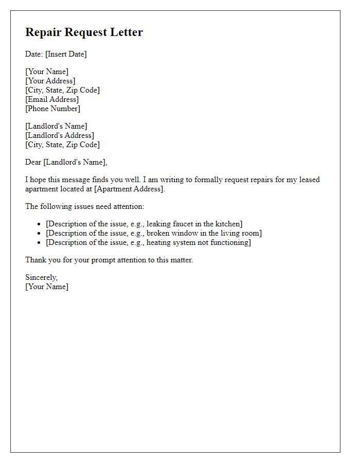 Letter template of repair request for leased apartment