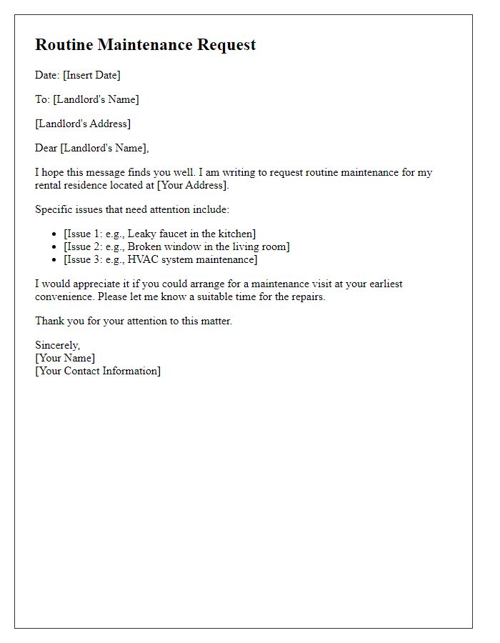 Letter template of routine maintenance request for rental residence