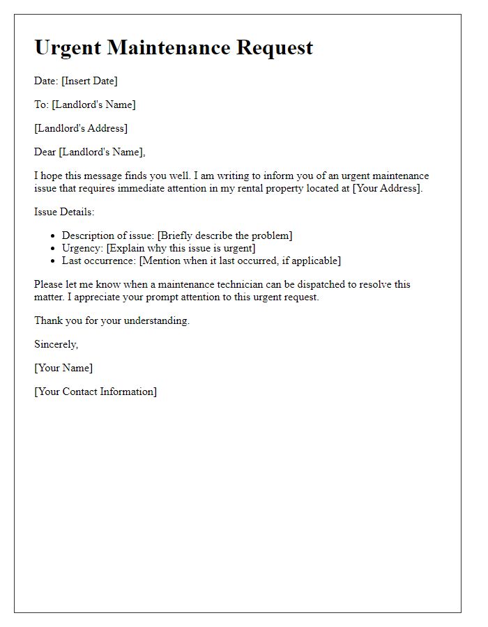 Letter template of urgent maintenance request for rental property