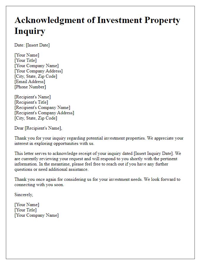 Letter template of acknowledgment for investment property inquiry response