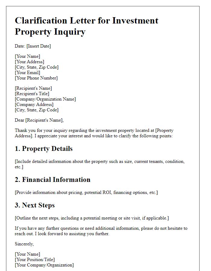 Letter template of clarification for investment property inquiry response