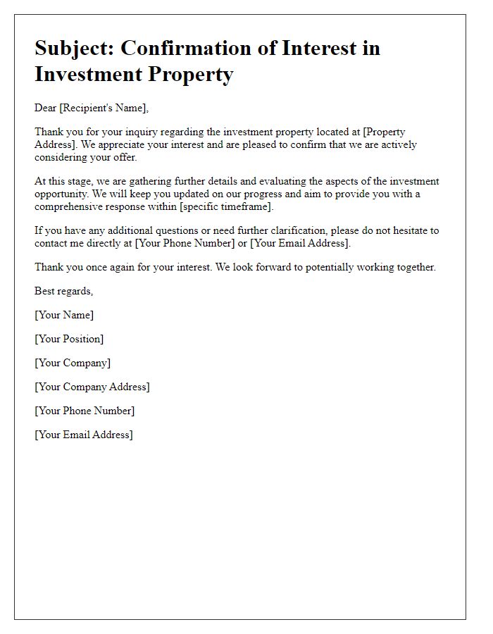 Letter template of confirming interest for investment property inquiry response