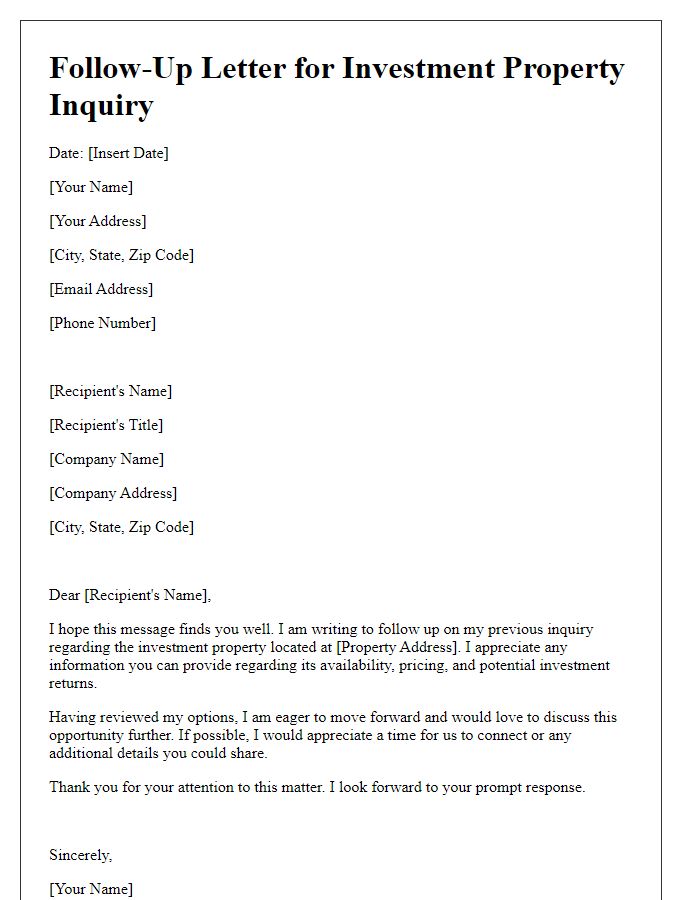 Letter template of follow-up for investment property inquiry response