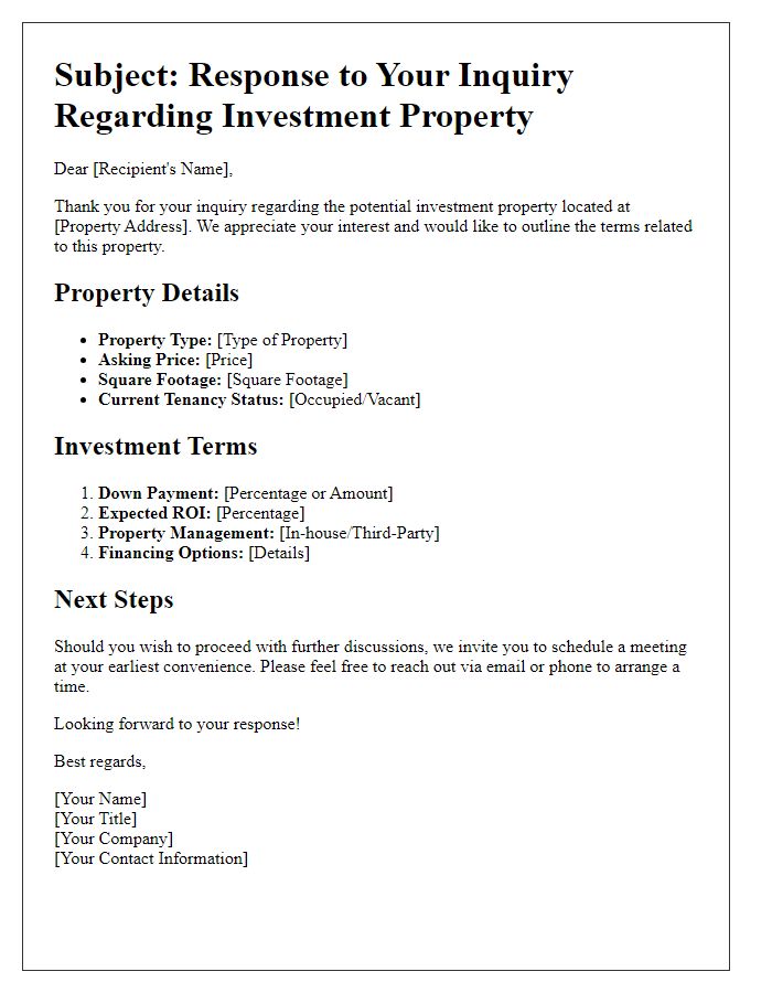 Letter template of outlining terms for investment property inquiry response