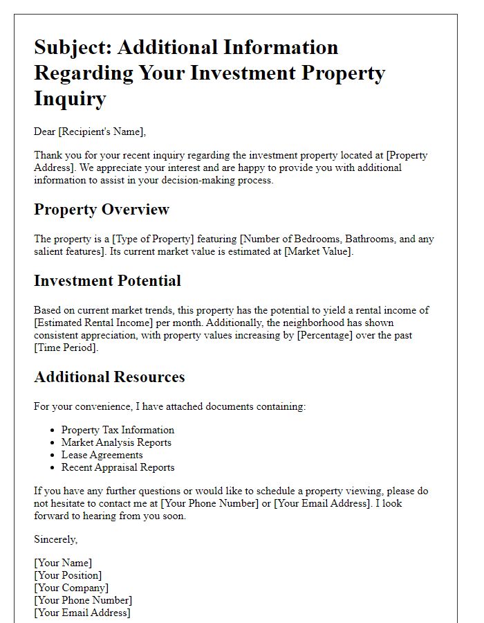 Letter template of providing additional information for investment property inquiry response