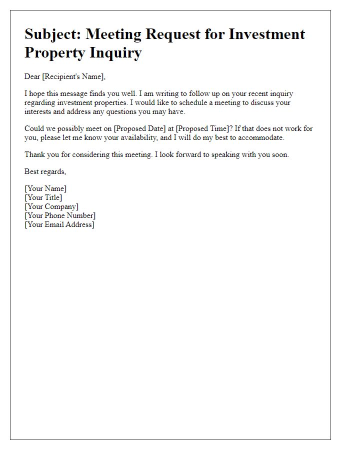 Letter template of scheduling a meeting for investment property inquiry response