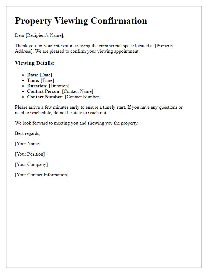 Letter template of property viewing confirmation for commercial spaces.