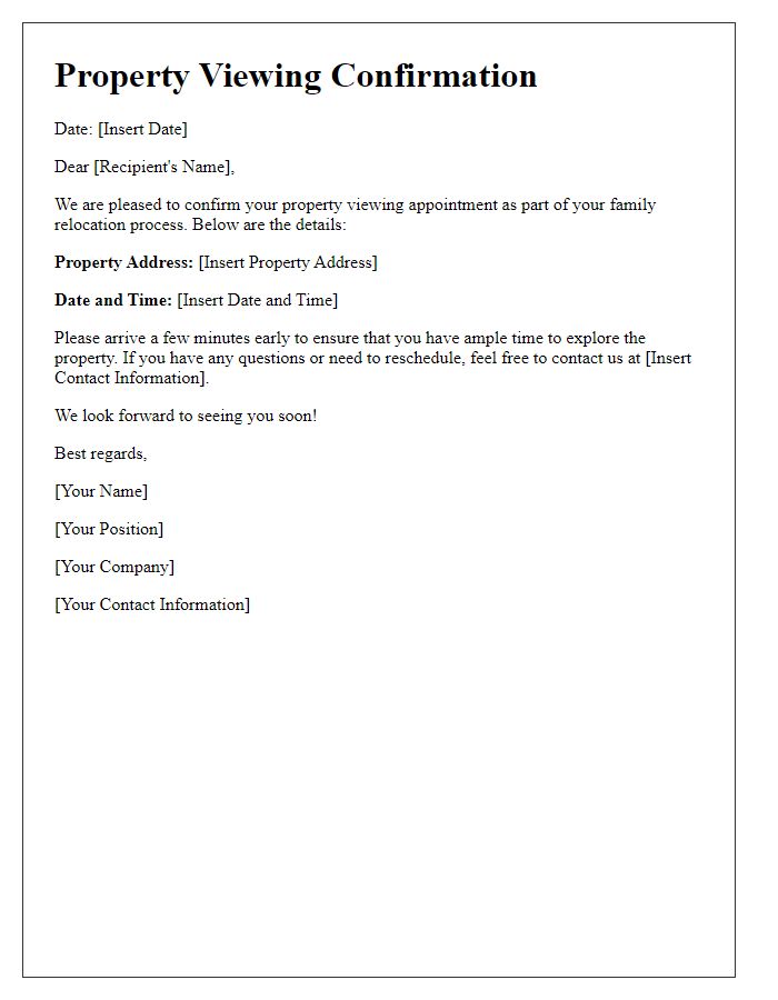 Letter template of property viewing confirmation for family relocation.