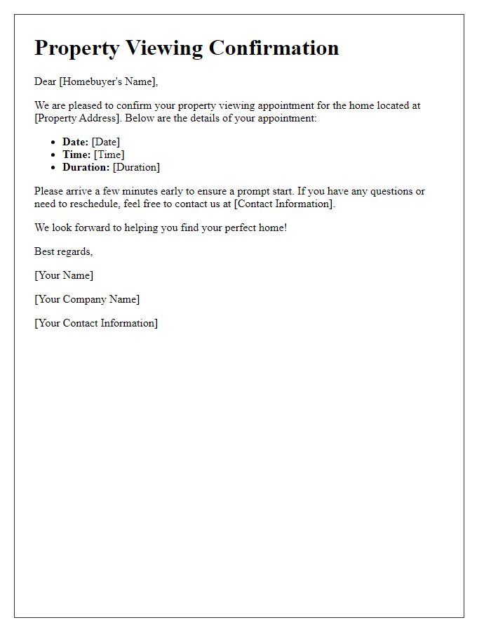 Letter template of property viewing confirmation for first-time homebuyers.