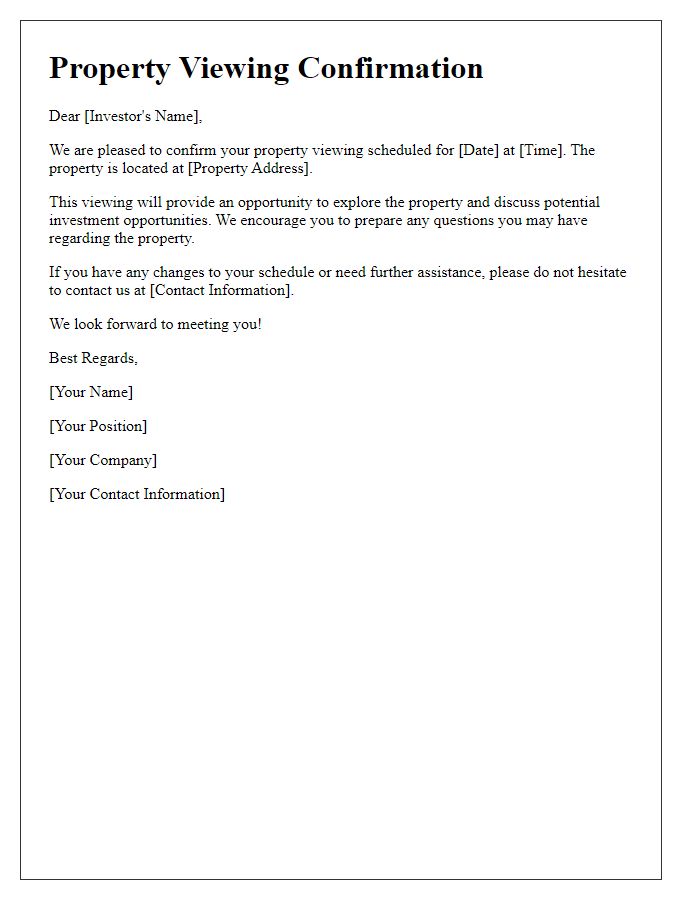 Letter template of property viewing confirmation for investor consultations.