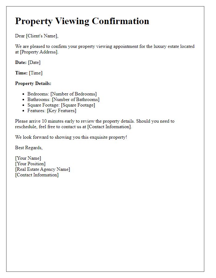 Letter template of property viewing confirmation for luxury real estate.