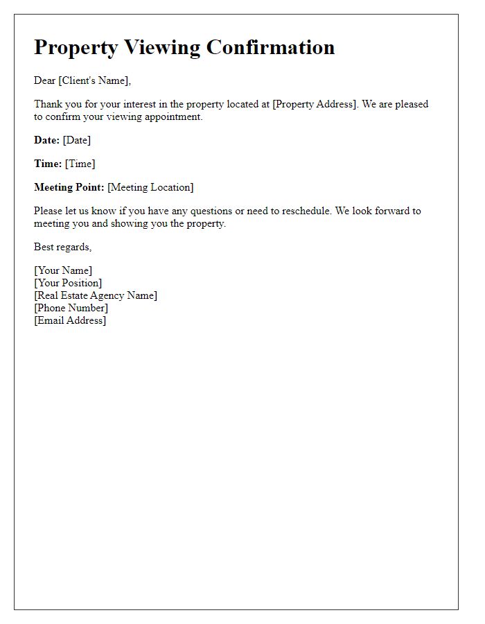 Letter template of property viewing confirmation for real estate agents.