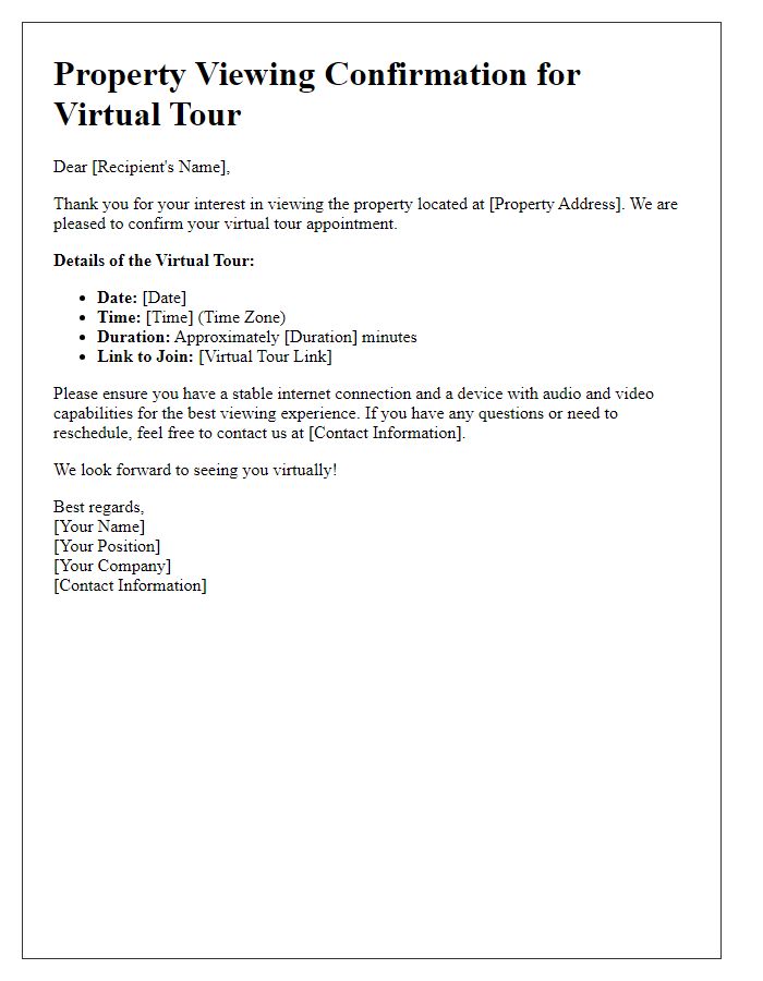 Letter template of property viewing confirmation for virtual tours.