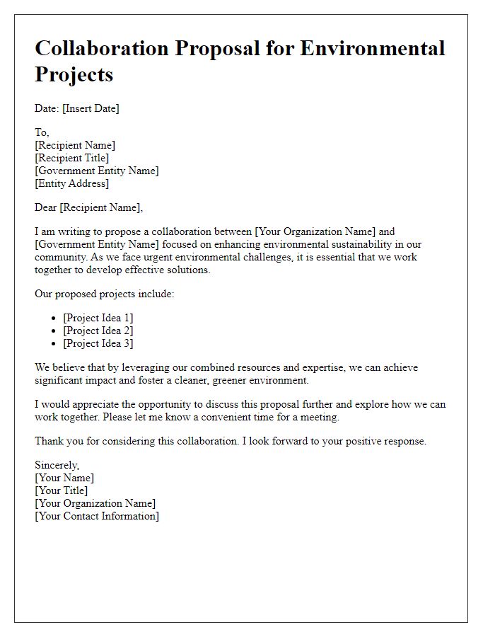 Letter template of collaboration proposal for environmental projects with government entity