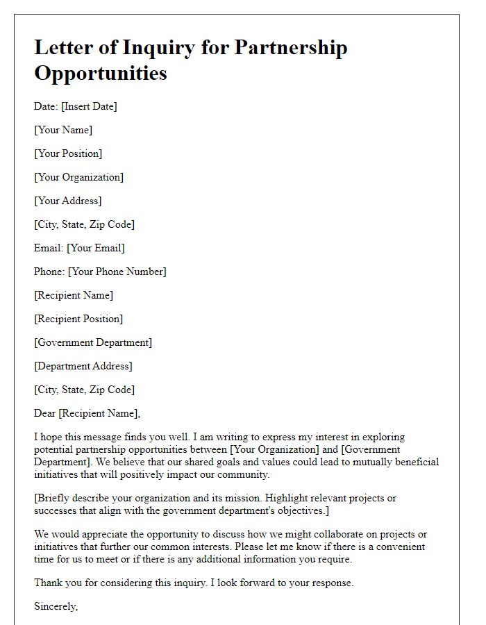 Letter template of inquiry for partnership opportunities with government department