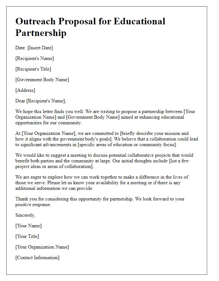 Letter template of outreach proposal for educational partnership with government body