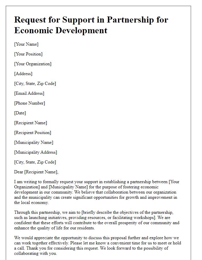 Letter template of request for support in partnership with municipality for economic development