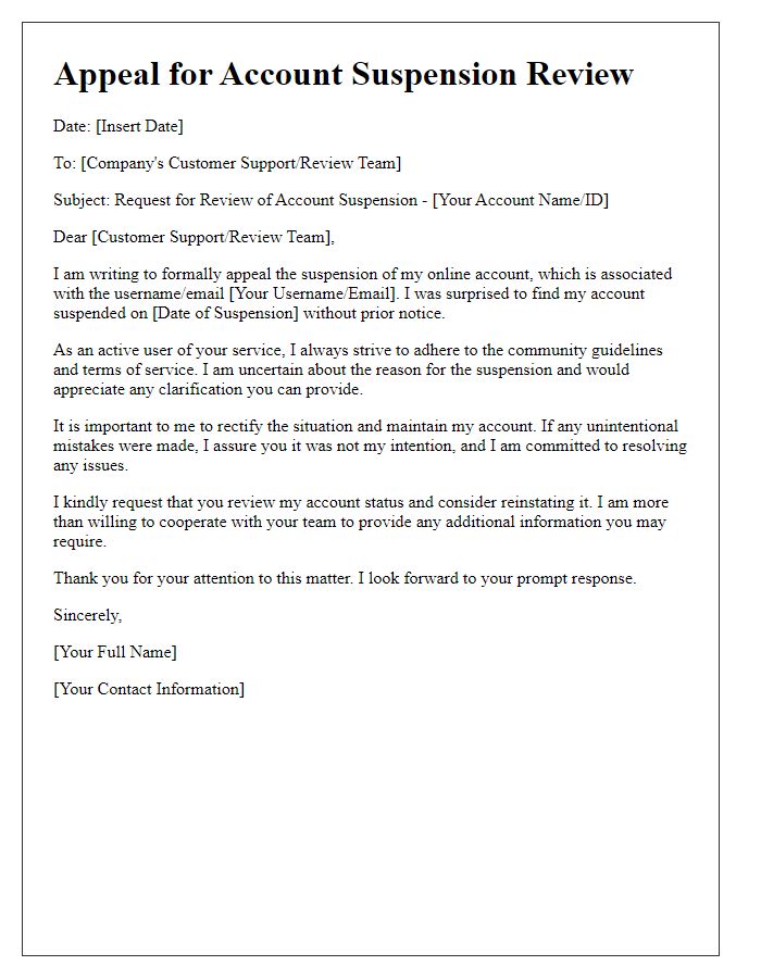 Letter template of appeal for online account suspension review