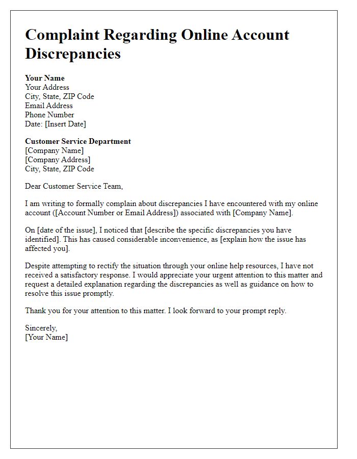 Letter template of complaint regarding online account discrepancies