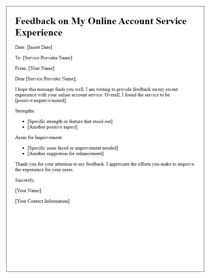 Letter template of feedback on online account service experience